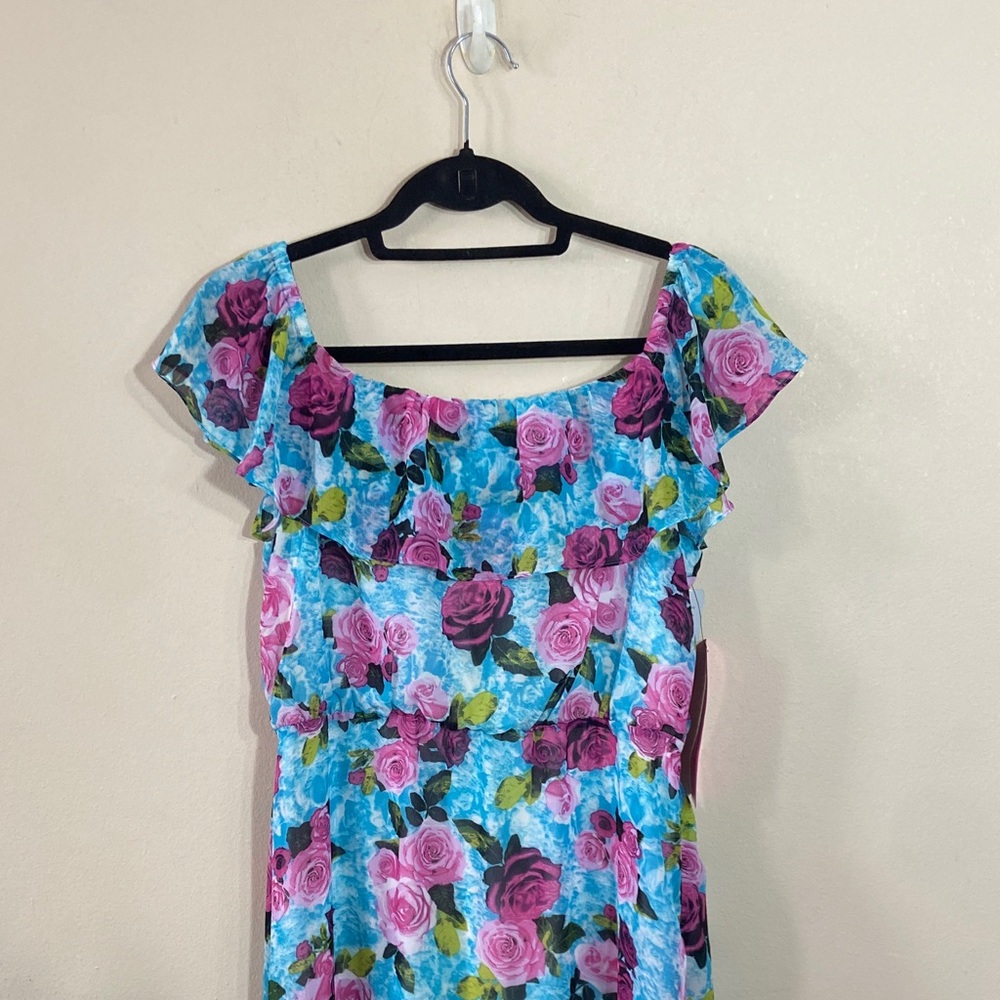 Betsey Johnson Floral Maxi Dress Off Shoulder Blue Pink Roses Malibu Print NWT 8 - Picture 2 of 7